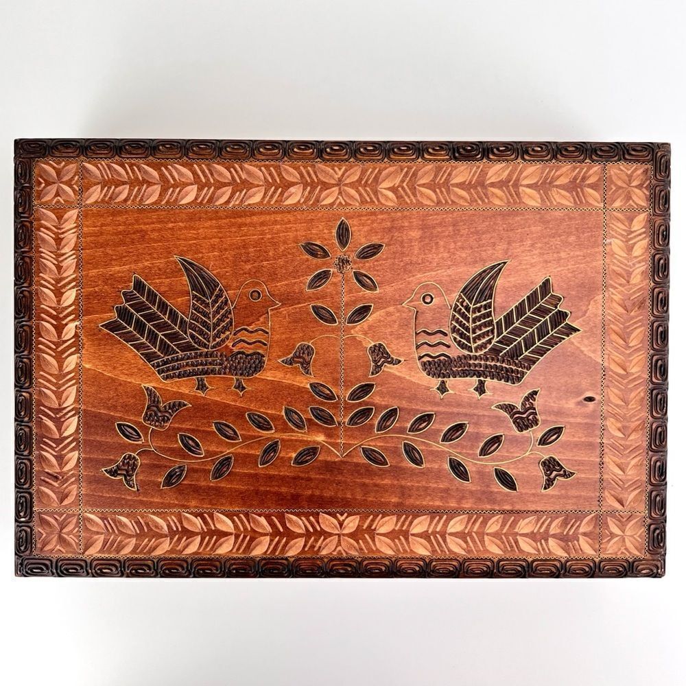 Vintage Decorative Carved Wooden Trinket Box Made In Poland